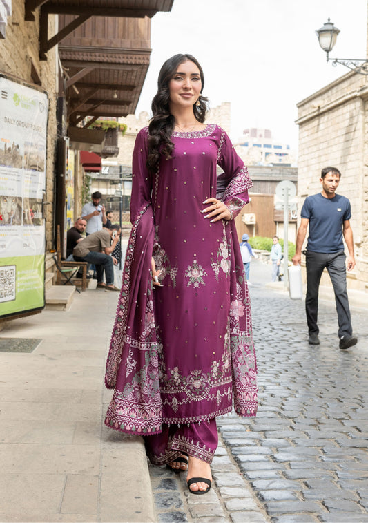 SIMRANS BAKU EMBROIDERED LINEN WITH KOTAIL SHAWLS 3PC EMBROIDERED READYMADE SBL401